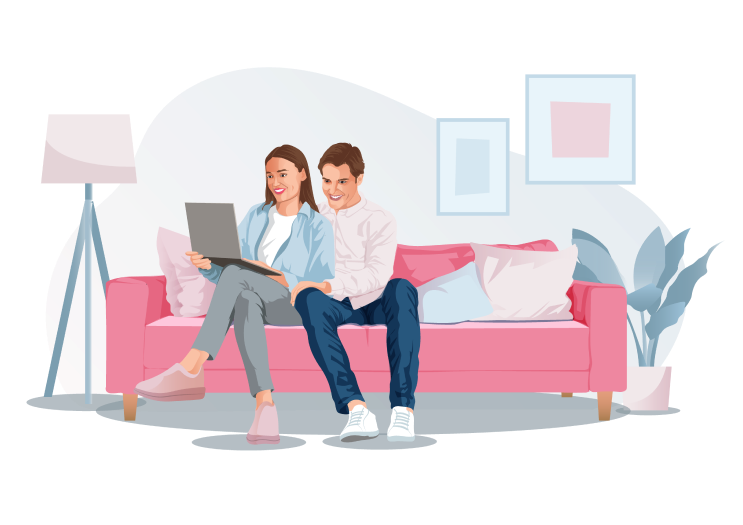 Illustration με ζευγάρι που κάθεται στον καναπέ και κρατάει ένα laptop