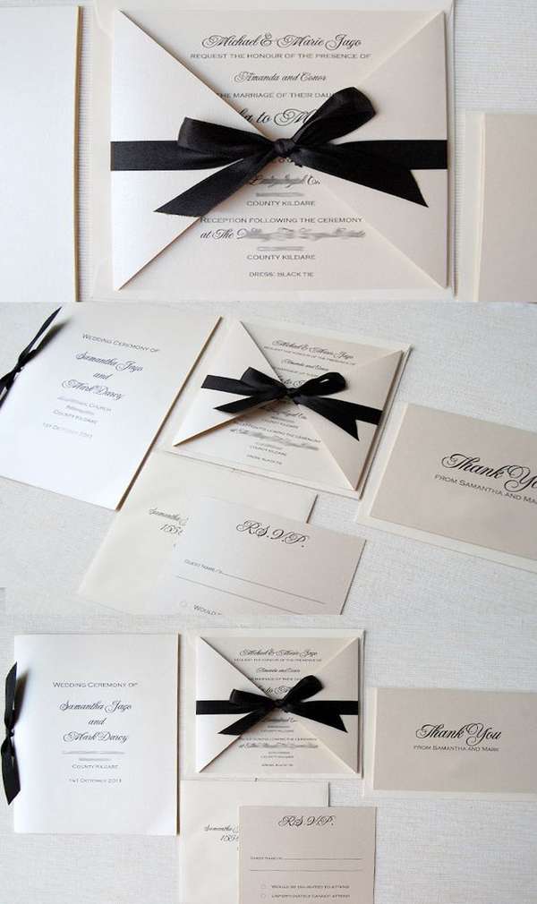 Φανταστικό λευκό προσκλητήριο γάμου με μάυρες βελουτέ λεπτομέρειες