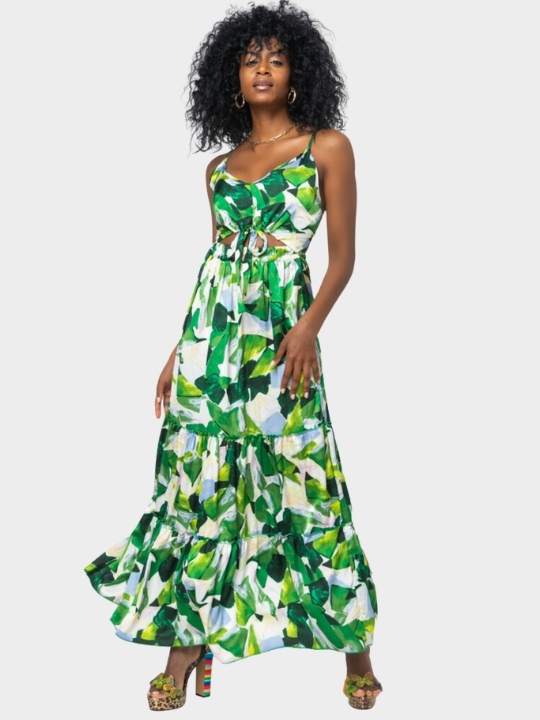 Boho Floral φόρεμα με cut out σε πράσινο