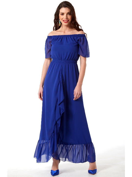 Maxi φόρεμα με μουσελίνα και βολάν σε μπλε