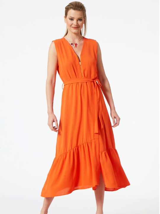 Πορτοκαλί Midi φόρεμα με βαθύ V και βολάν