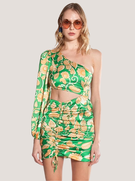 Mini φόρεμα με ένα ώμο σε πράσινο χρώμα