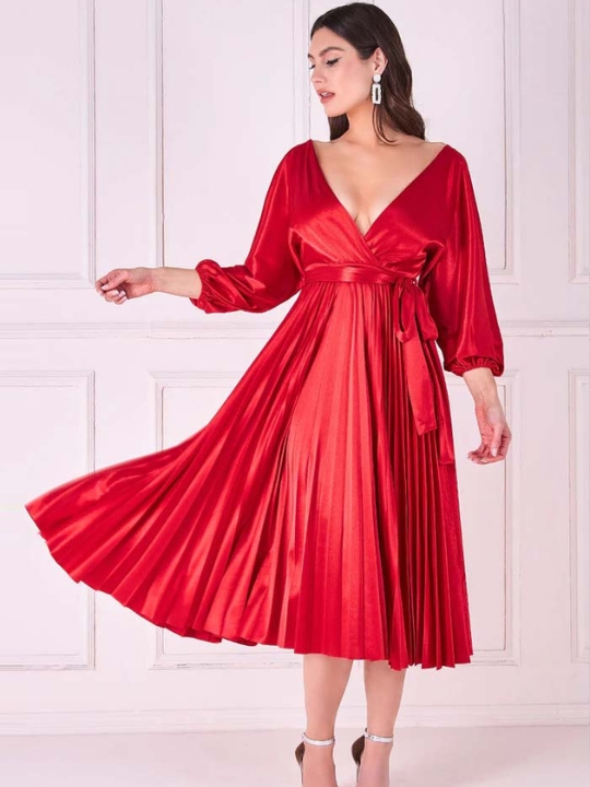 Σατέν Midi φόρεμα για γάμο σε κόκκινο χρώμα