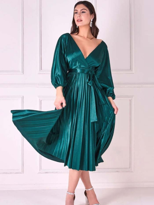 Σατέν Midi φόρεμα για γάμο σε πράσινο χρώμα
