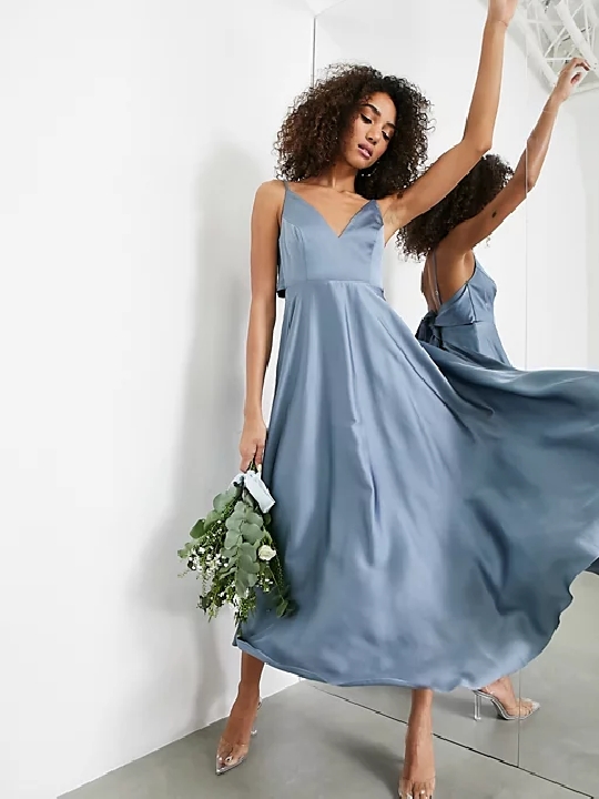 Σατέν Midi φόρεμα για γάμο σε σκούρο μπλε