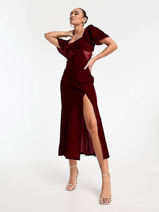 Βελούδινο Midi φόρεμα με δαντέλα σε κόκκινο