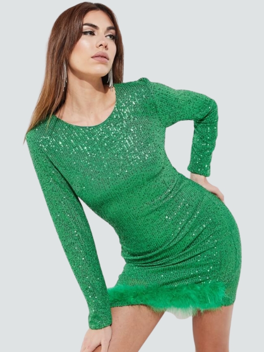 Φόρεμα με παγιέτες και πούπουλα σε πράσινο