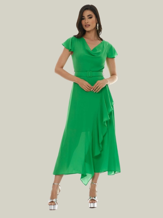 Πράσινο φόρεμα για γάμο με βολάν και σκίσιμο