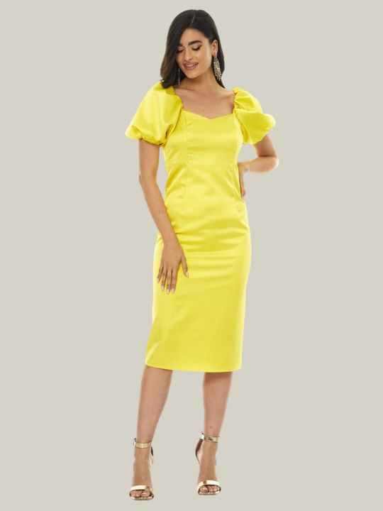 Μίντι κίτρινο φόρεμα με Ballon μανίκια