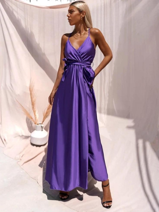 Μωβ Σατέν Maxi φόρεμα με δέσιμο και ζώνη