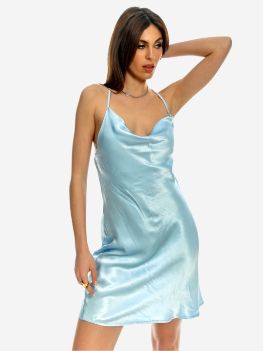 Σατέν Μίνι φόρεμα με χιαστί τιράντες σε σιέλ