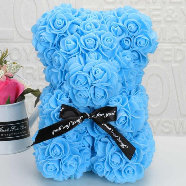 Γαλάζιο Αρκουδάκι από τεχνητά τριαντάφυλλα 25 εκ