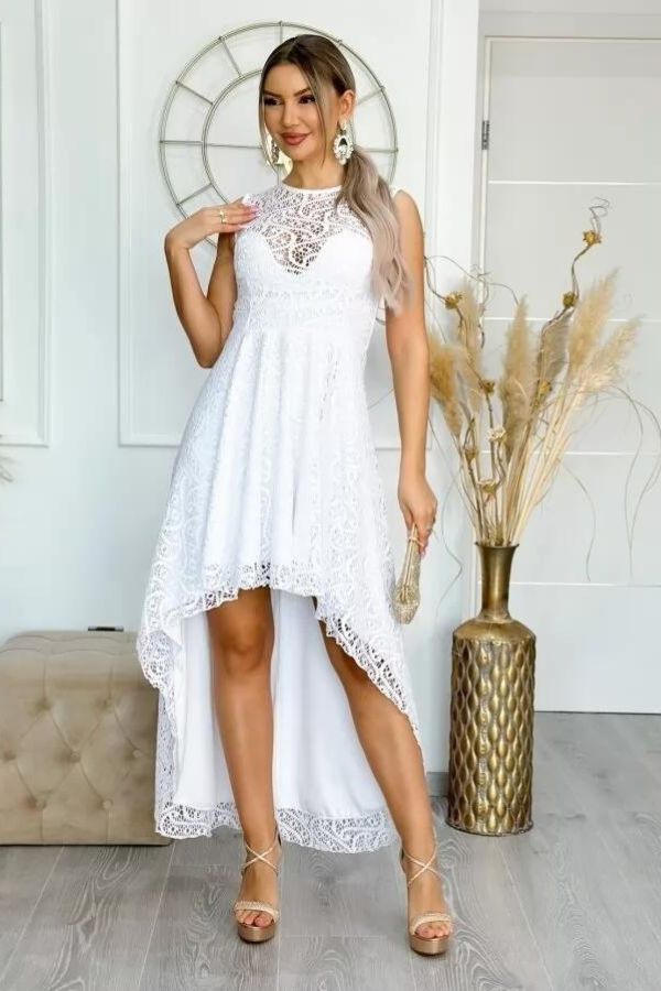 Ασύμμετρο Λευκό Φόρεμα με Δαντέλα