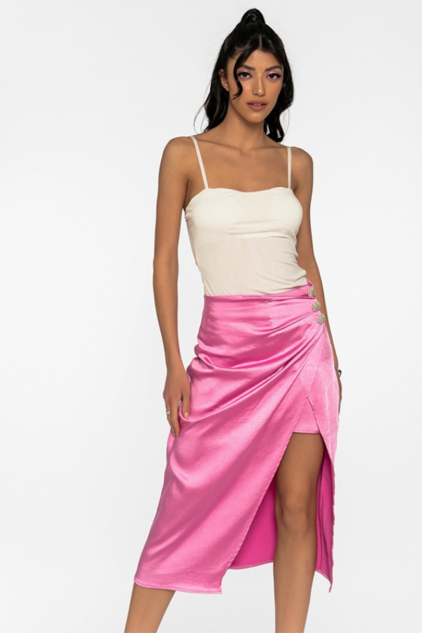 Ροζ σατέν Midi φούστα για γάμο με διακοσμητικά στοιχεία