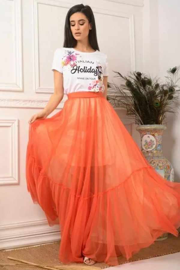 Maxi τούλινη φούστα για γάμο σε πορτοκαλί