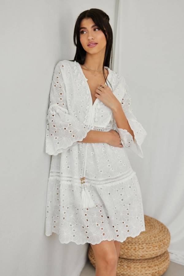 Βοho Mini Φόρεμα με Δαντέλα Κηπούρ σε Λευκό
