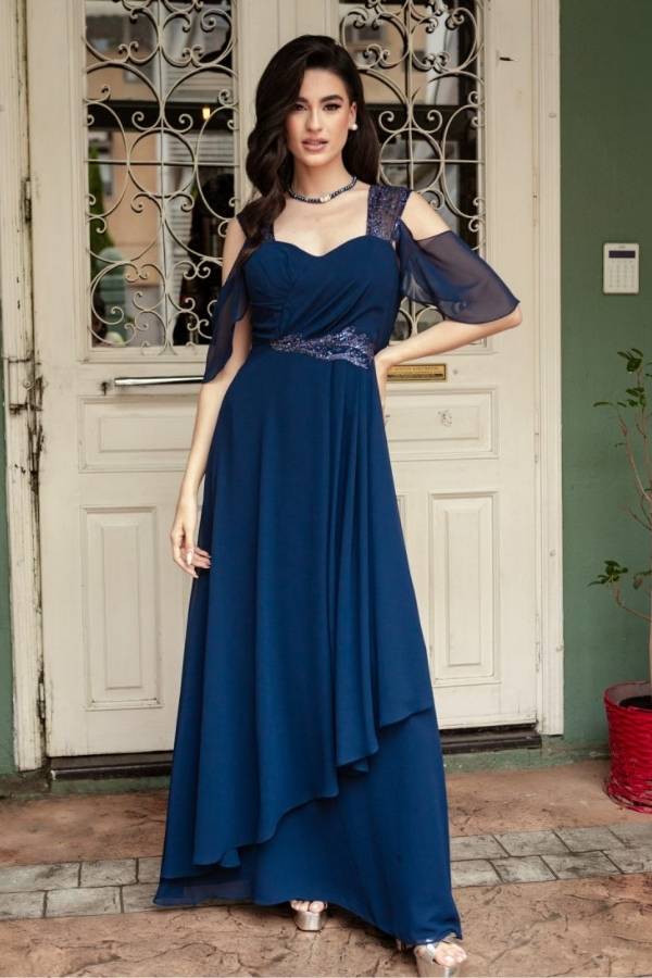 Φόρεμα Maxi για Γάμο με Δαντέλα και Στρας σε Μπλε
