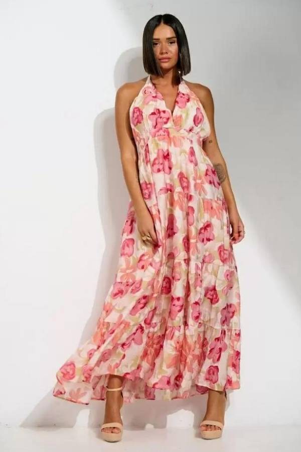 Φόρεμα Maxi Floral για Γάμο Με Δέσιμο Στον Λαιμό