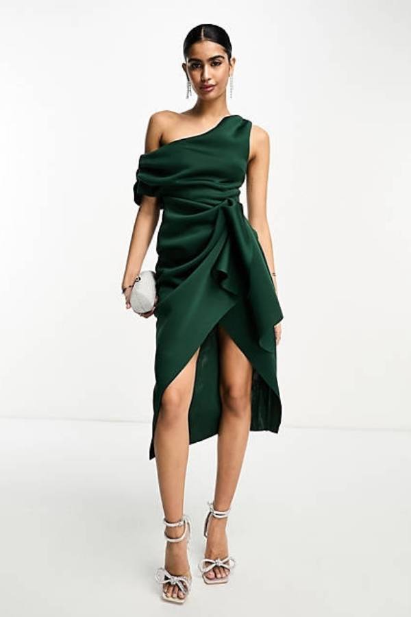 Φόρεμα Midi με Πεσμένους Ώμους σε Πράσινο του Δάσους