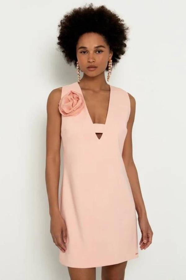 Φόρεμα Mini για Γάμο με Απλικέ Λουλούδι σε Ροζ