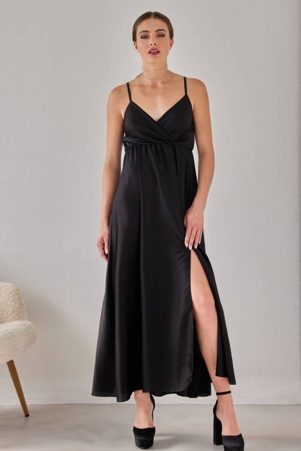Φόρεμα Σατέν για Γάμο με Κρουαζέ Μπούστο Μαύρο