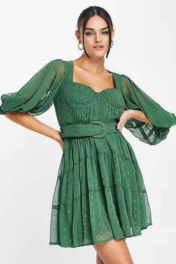Σικάτο Κοντό Φόρεμα με 3/4 Μανίκι και Ζώνη σε Πράσινο