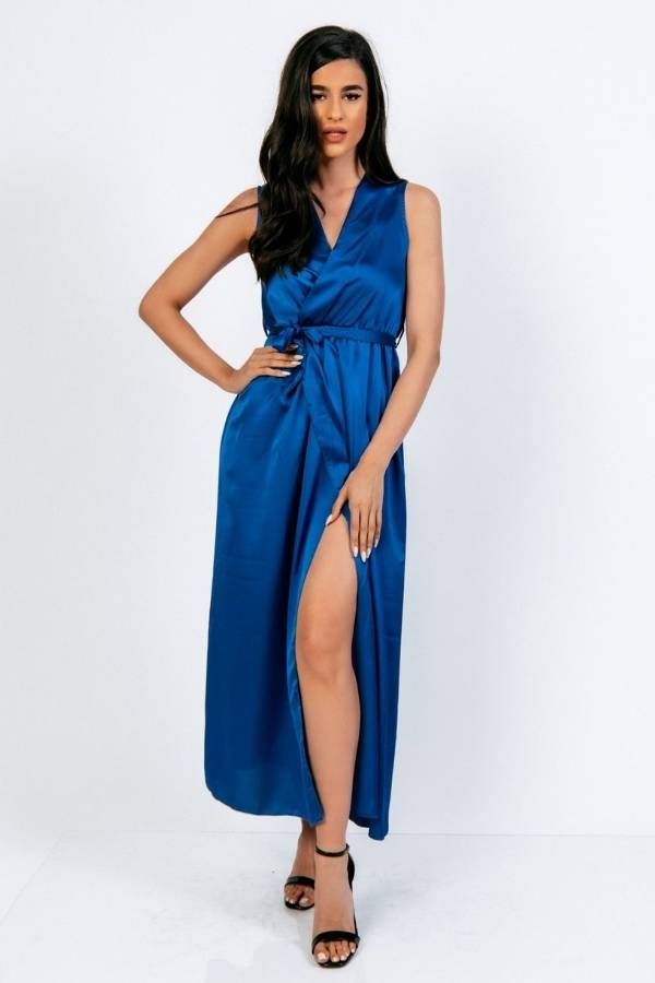 Ανοιξιάτικο Κρουαζέ Σατέν Φόρεμα σε Μπλε Ρουά