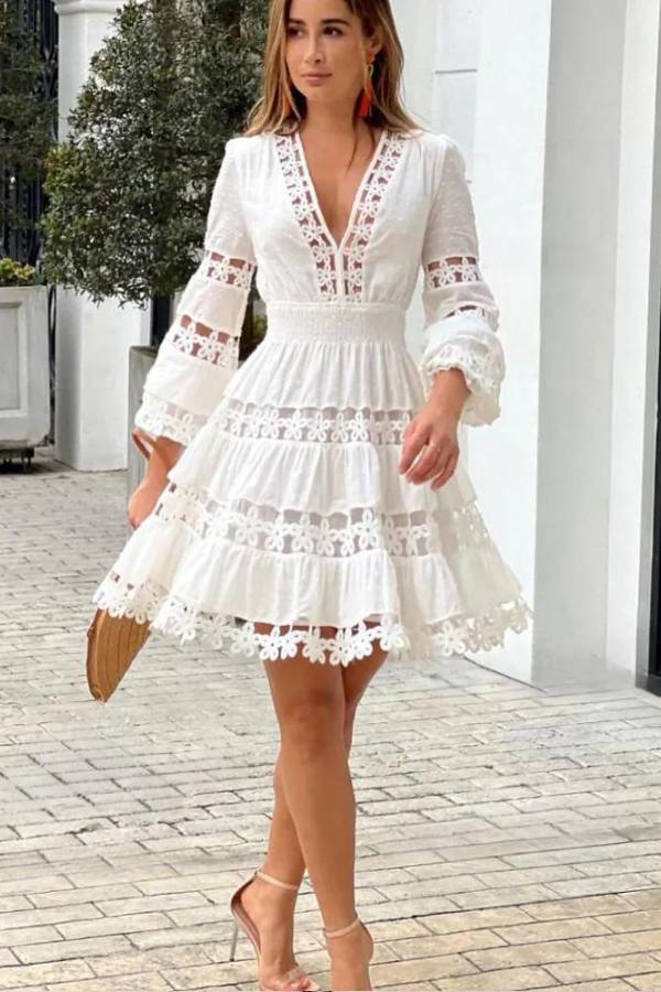 Λευκό Boho Chic Φόρεμα για Γάμο με Crochet Φάσες