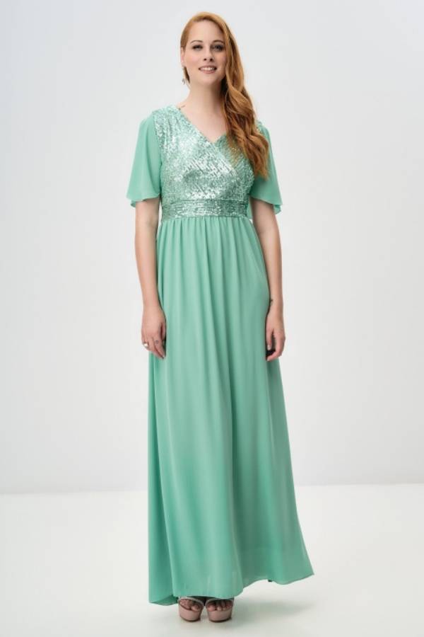 Maxi Φόρεμα Γάμου με Παγιέτα σε Πράσινο Μέντα