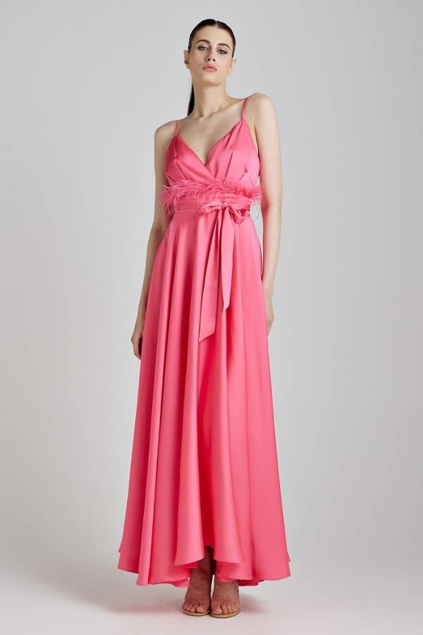 Maxi Φόρεμα για Γάμο με Πούπουλο σε Φούξια Χρώμα