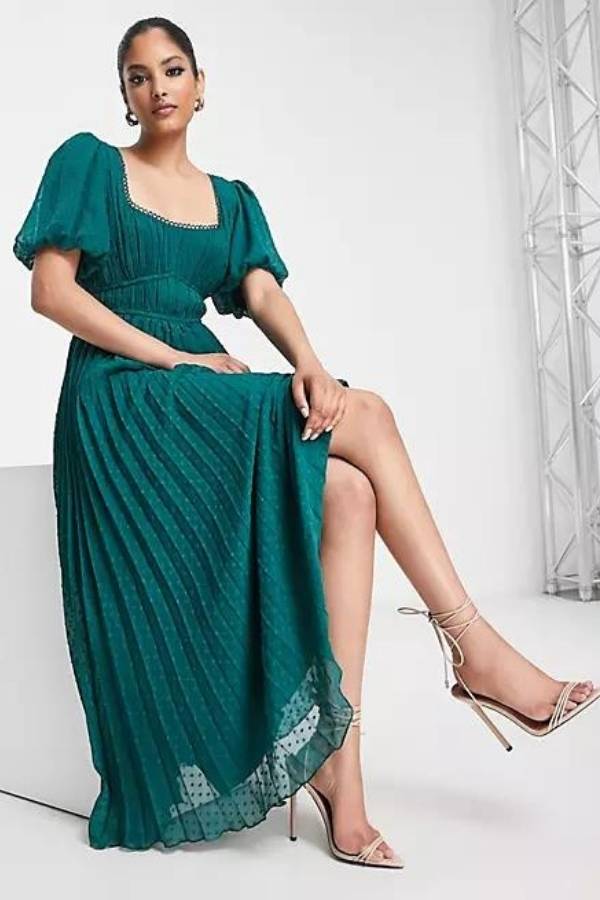 Σικάτο Midi Φόρεμα με Φουσκωτά Μανίκια σε Πράσινο