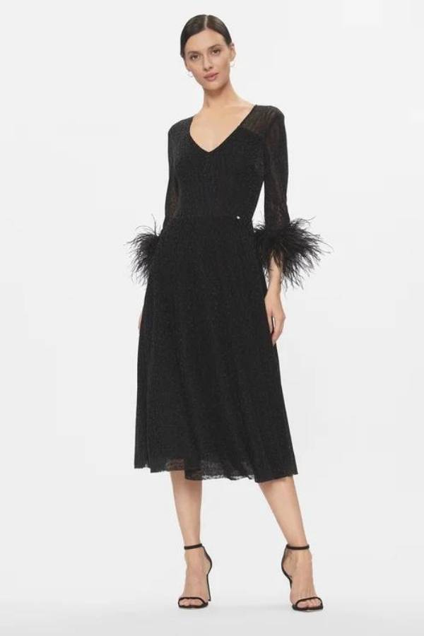Επίσημο Midi Φόρεμα Nissa με Πούπουλα σε Μαύρο