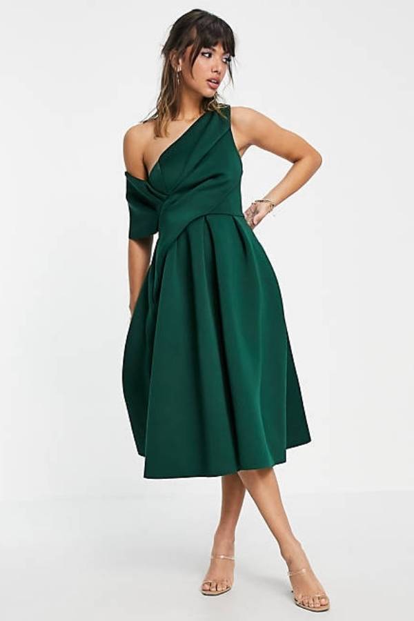 Midi Φόρεμα με έναν Ωμο σε Πράσινο του Δάσους