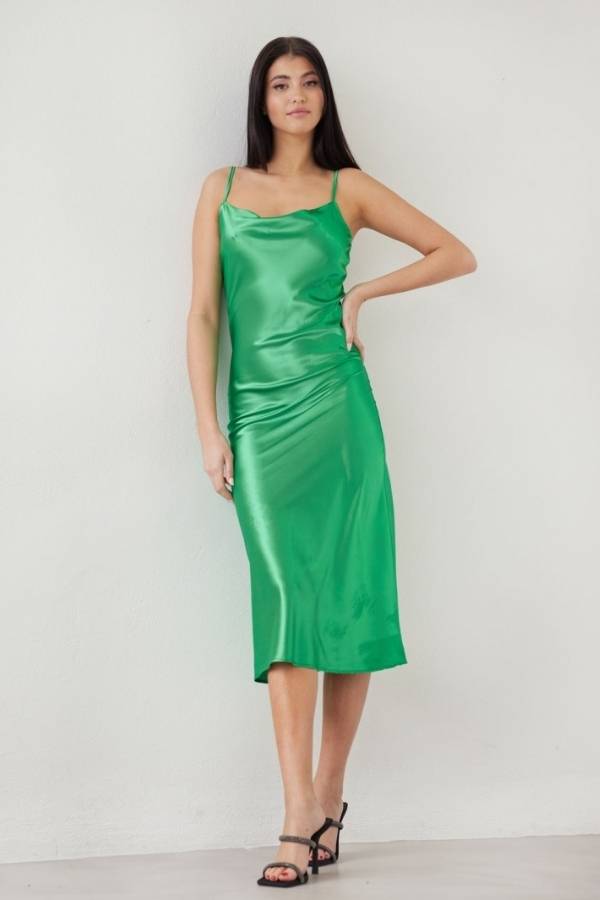 Σατέν Ντραπέ Midi Φόρεμα για Γάμο σε Πράσινο