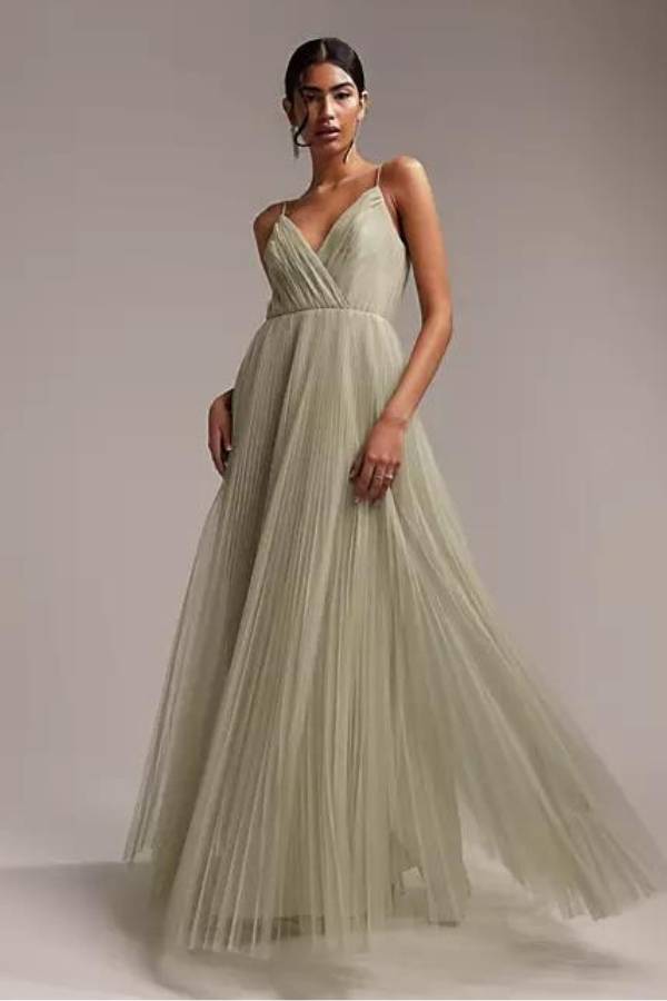 Πλισέ Maxi Φόρεμα για Γάμο από Τούλι σε Πράσινο