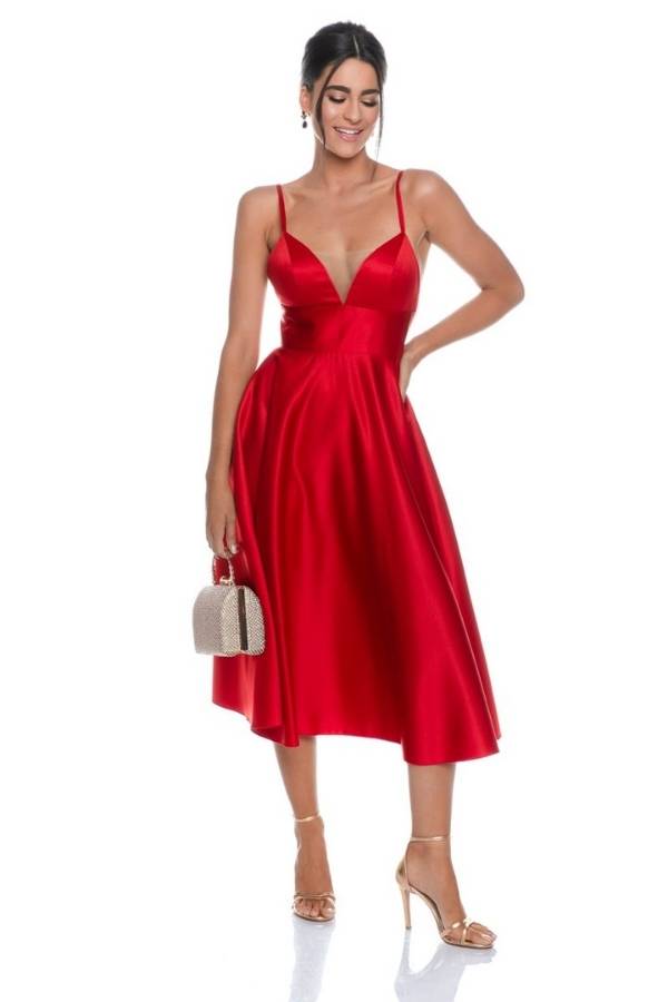 Σατέν Φόρεμα Midi για Γάμο με Τιράντα σε Κόκκινο