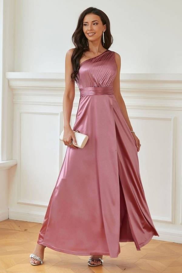 Σατέν Μακρύ Φόρεμα για Γάμο με Μονό Ώμο σε Ροζ