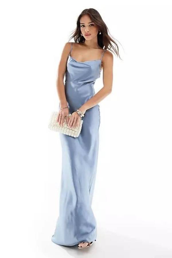 Νεανικό Σατέν Maxi Φόρεμα με Λεπτή Τιράντα σε Μπλε
