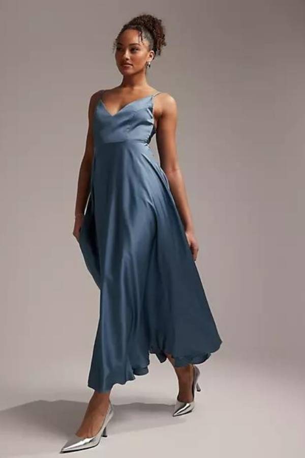 Σατέν Midi Φόρεμα για Γάμο σε Σκούρο Μπλε Χρώμα