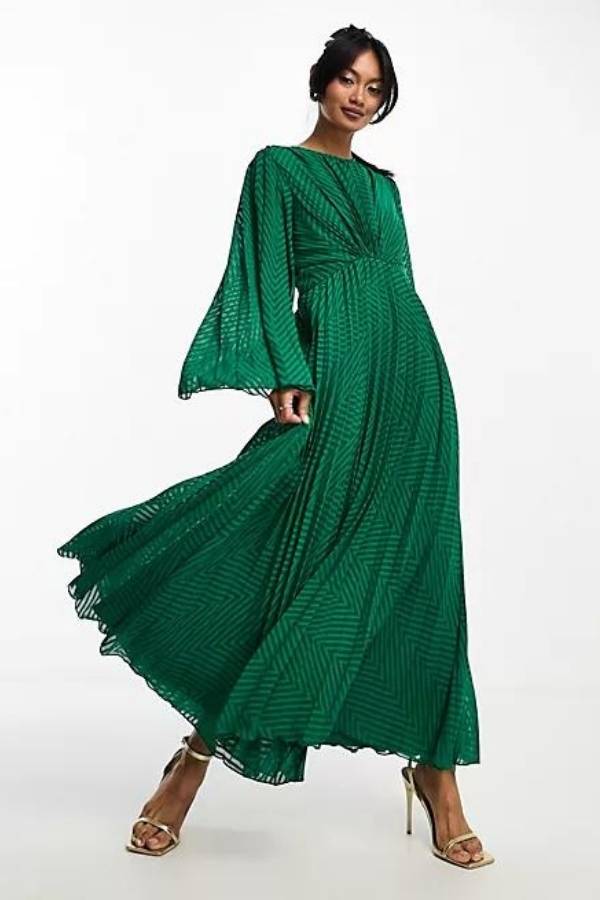 Σικάτο Σιφόν Midi Φόρεμα με Μακρύ Μανίκι σε Πράσινο