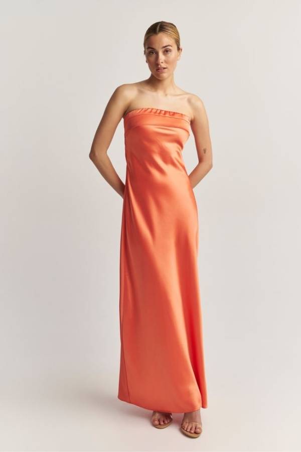Στράπλες Maxi Φόρεμα για Γάμο με Σατέν Υφή Πορτοκαλί