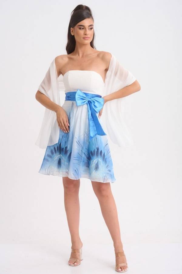 Ρομαντικό Στράπλες Mini Φόρεμα με Ζώνη σε Λευκό