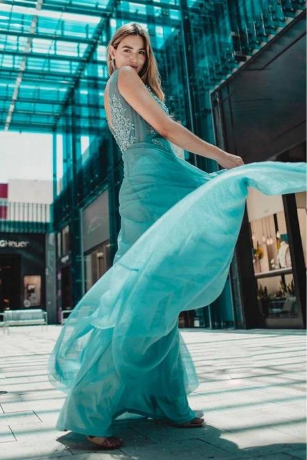 Τούλινο Αμάνικο Maxi φόρεμα για Γάμο σε Τυρκουάζ