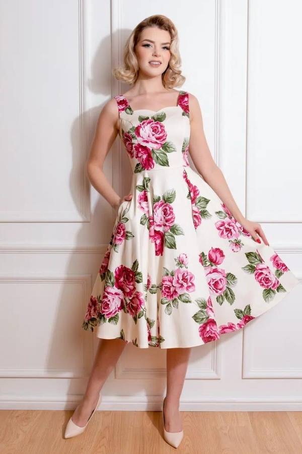 Vintage Floral Midi Φόρεμα με Κολακευτικό Ντεκολτέ