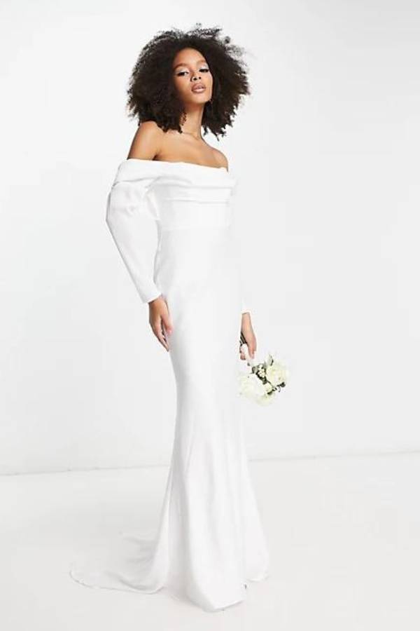 Μακρυμάνικο Βραδινό Λευκό Φόρεμα