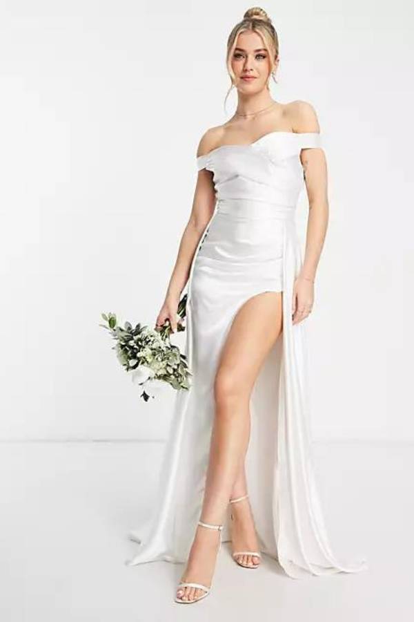 Maxi Λευκό Φόρεμα Γάμου με Σκίσιμο