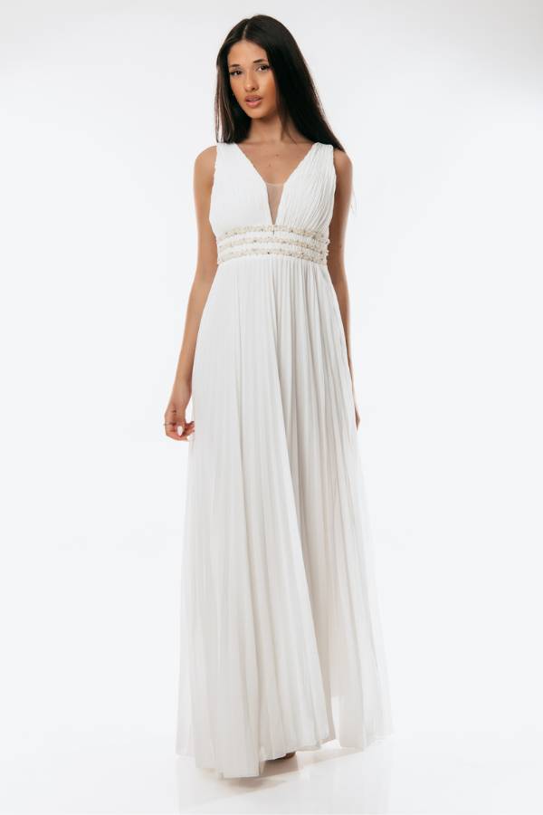 Maxi Πλισέ Φόρεμα με Πέρλες σε Λευκό